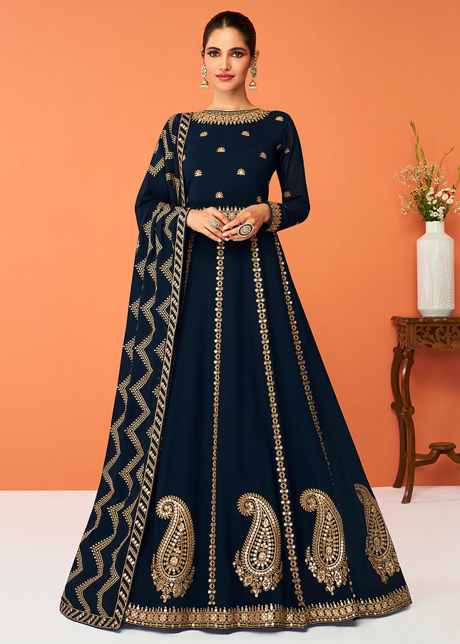 Blue and Gold Embroidered Anarkali