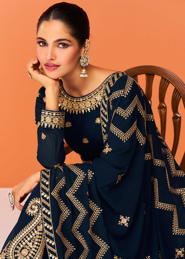 Blue and Gold Embroidered Anarkali