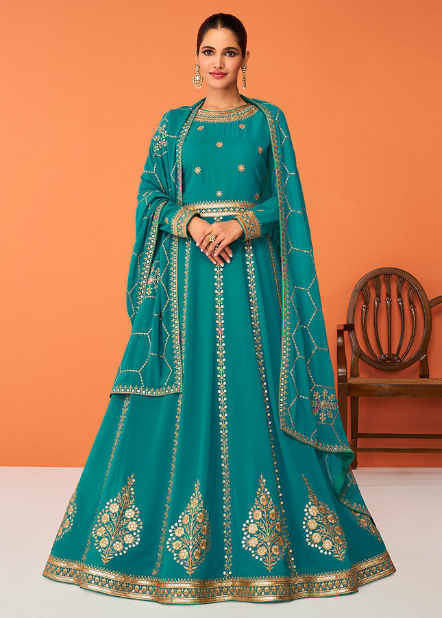 Aqua and Gold Embroidered Anarkali