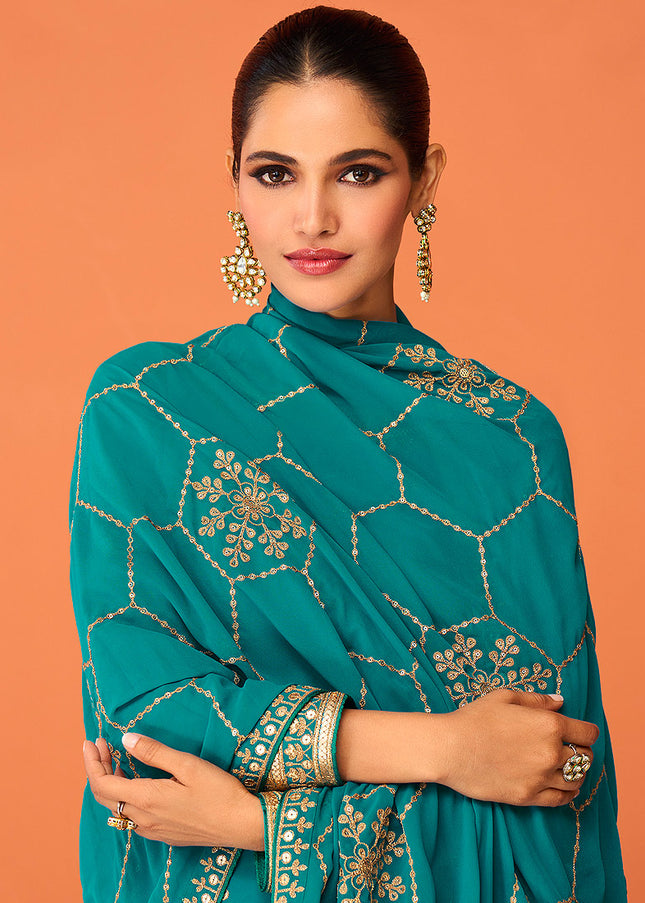 Aqua and Gold Embroidered Anarkali