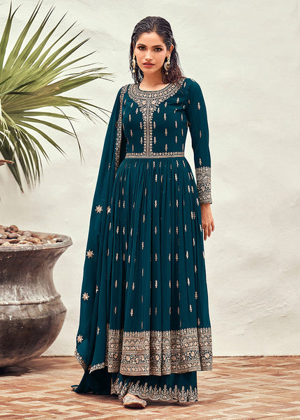 Teal and Gold Embroidered Sharara Suit