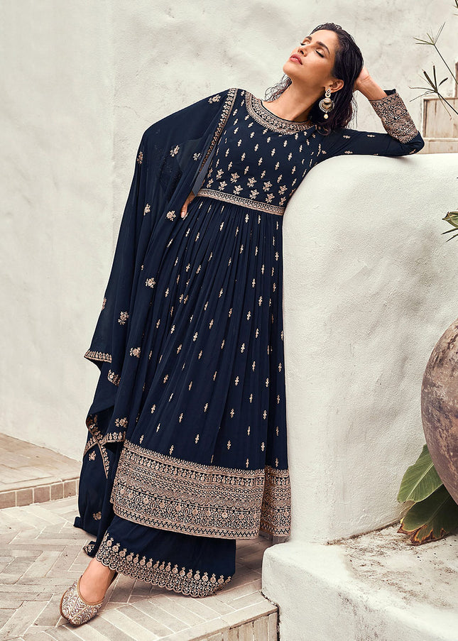 Blue and Gold Embroidered Sharara Suit