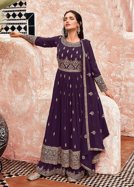 Purple and Gold Embroidered Sharara Suit