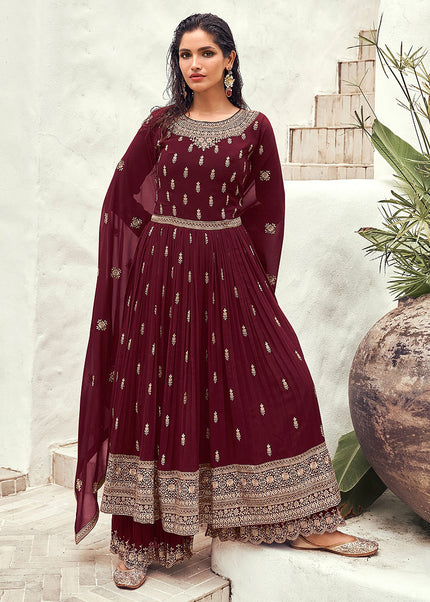 Maroon and Gold Embroidered Sharara Suit