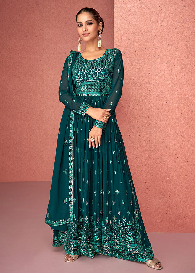 Dark Blue and Gold Embroidered Sharara suit