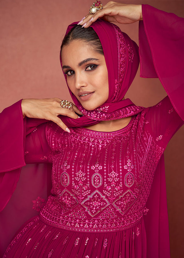 Magenta and Gold Embroidered Sharara suit