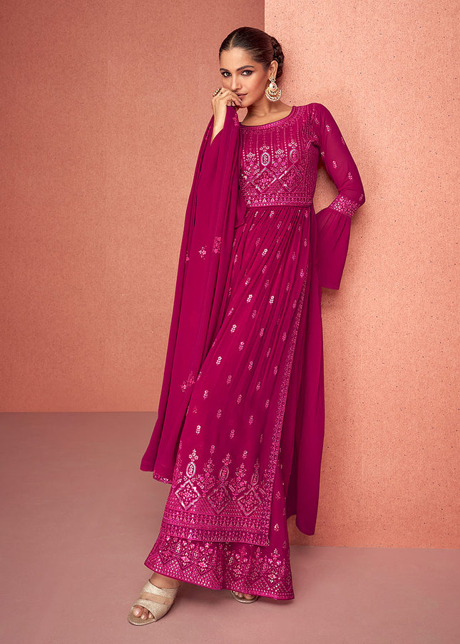 Magenta and Gold Embroidered Sharara suit