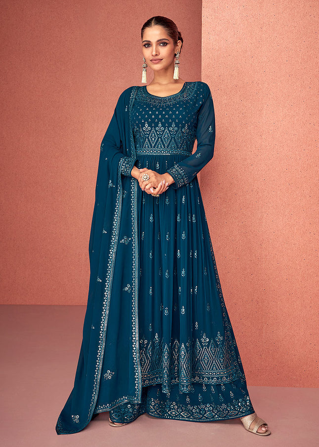 Blue and Gold Embroidered Sharara suit