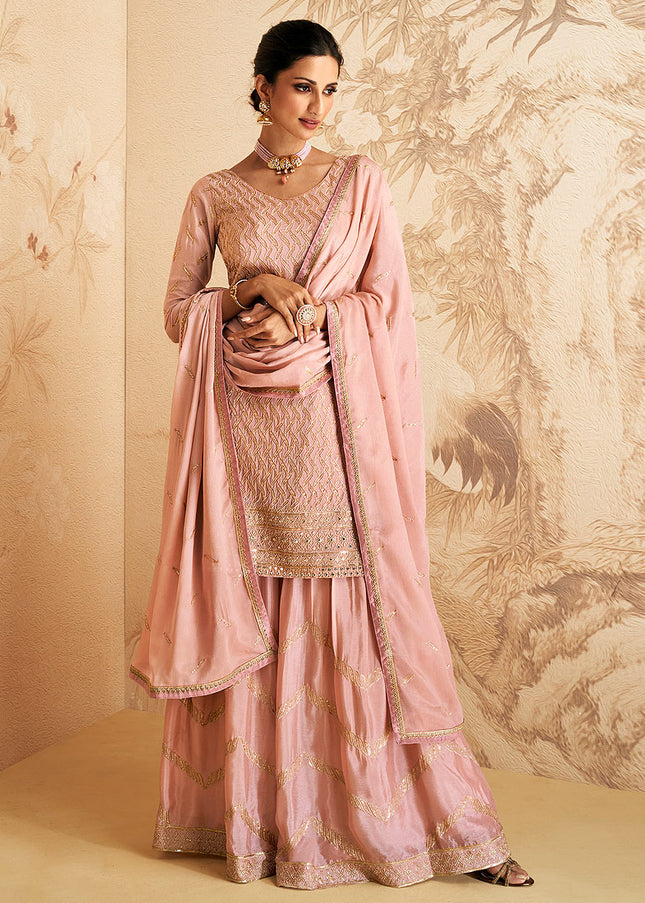 Pink and Gold Embroidered Sharara Suit
