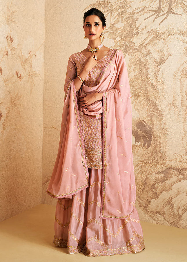 Pink and Gold Embroidered Sharara Suit