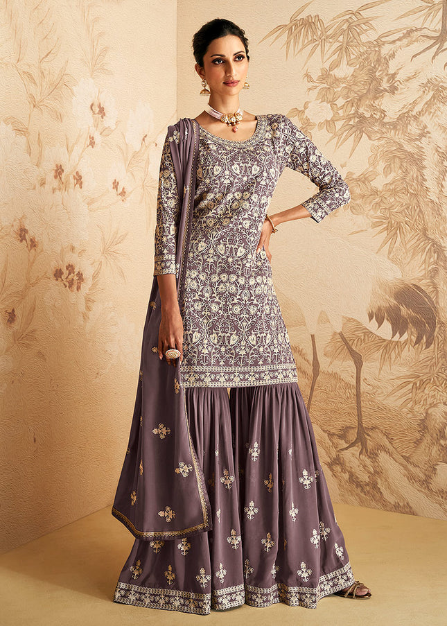 Grey and Gold Embroidered Gharara Suit