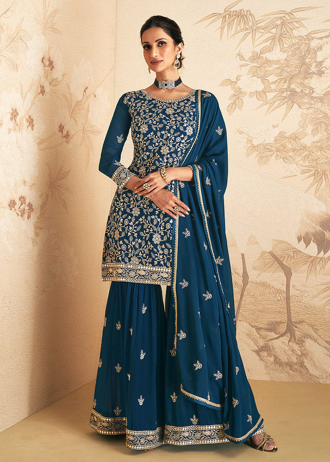 Teal Blue and Gold Embroidered Gharara Suit