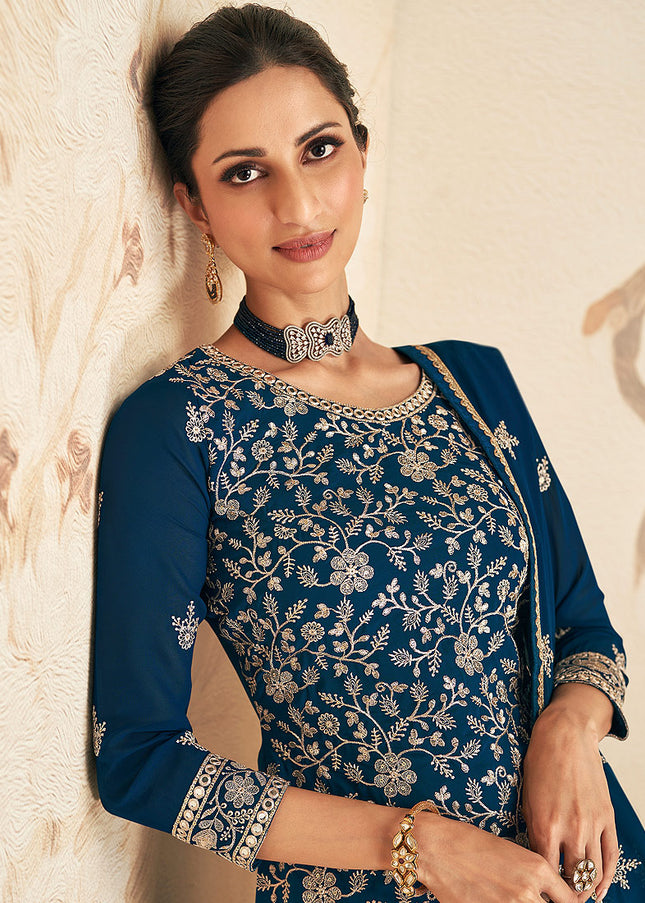 Teal Blue and Gold Embroidered Gharara Suit