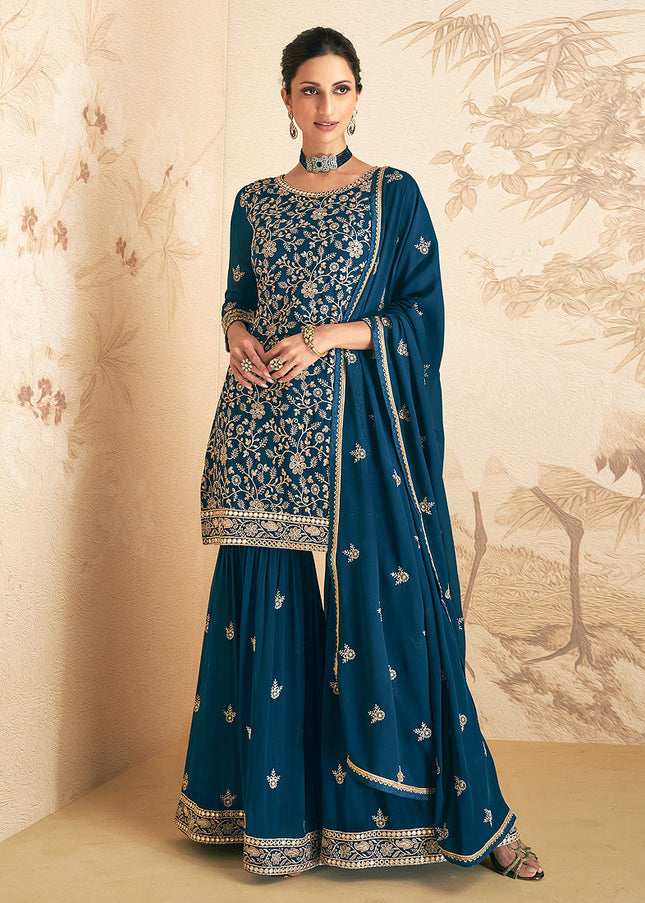 Teal Blue and Gold Embroidered Gharara Suit