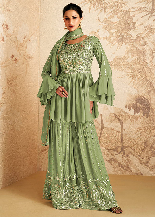 Green and Gold Embroidered Sharara Suit