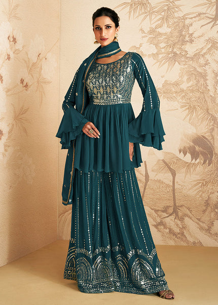 Teal Blue and Gold Embroidered Sharara Suit