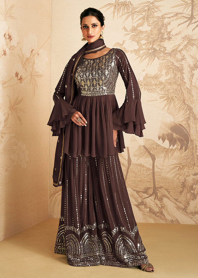 Brown and Gold Embroidered Sharara Suit