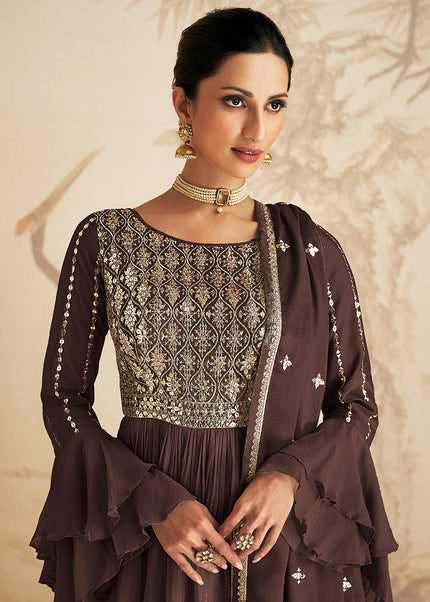 Brown and Gold Embroidered Sharara Suit