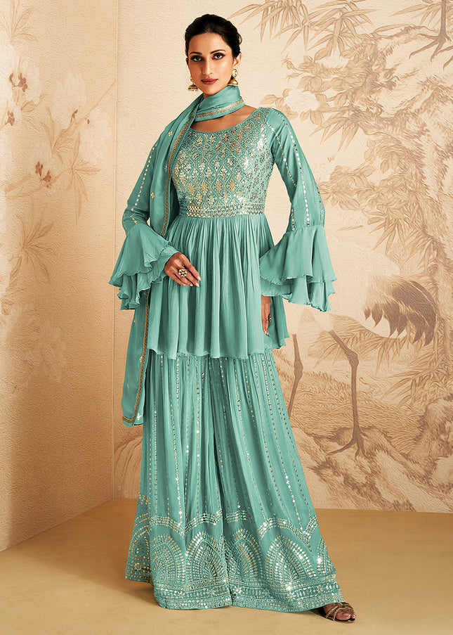Sky Blue and Gold Embroidered Sharara Suit
