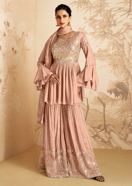 Peach and Gold Embroidered Sharara Suit