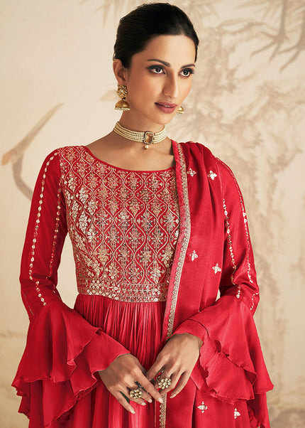 Reddish Pink and Gold Embroidered Sharara Suit