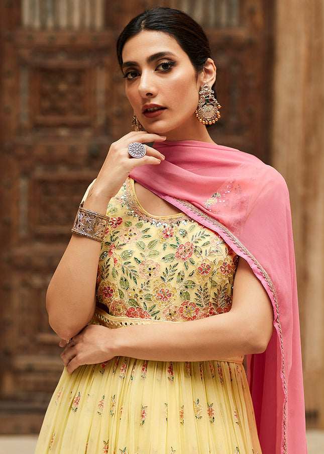 Yellow and Pink  Embroidered Anarkali