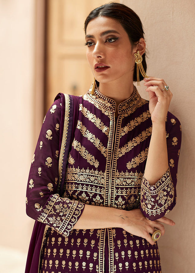 Purple and Gold Embroidered Sharara Suit