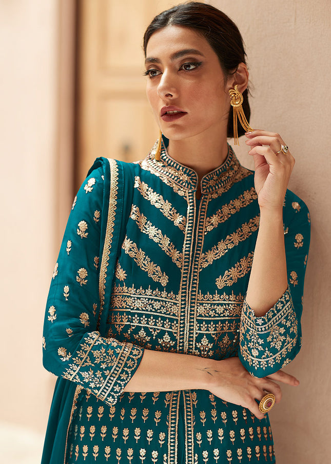Teal and Gold Embroidered Sharara Suit