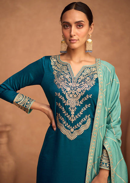 Blue and Gold Embroidered Pant Style Suit
