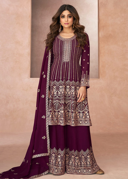 Purple and Gold Embroidered Sharara Suit