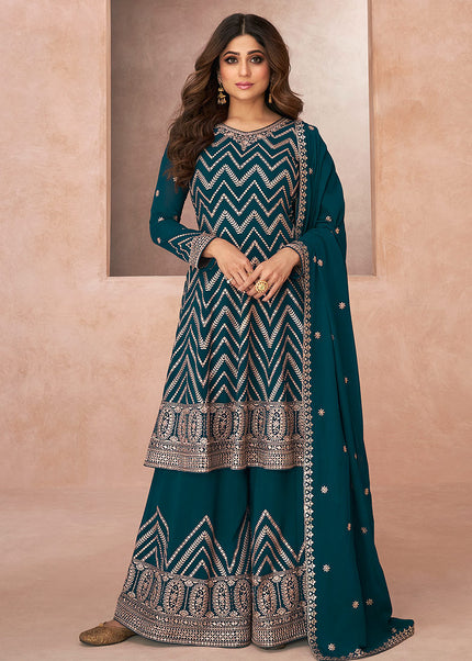 Teal and Gold Embroidered Sharara Suit