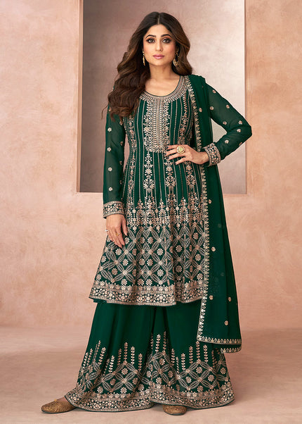 Green and Gold Embroidered Sharara Suit