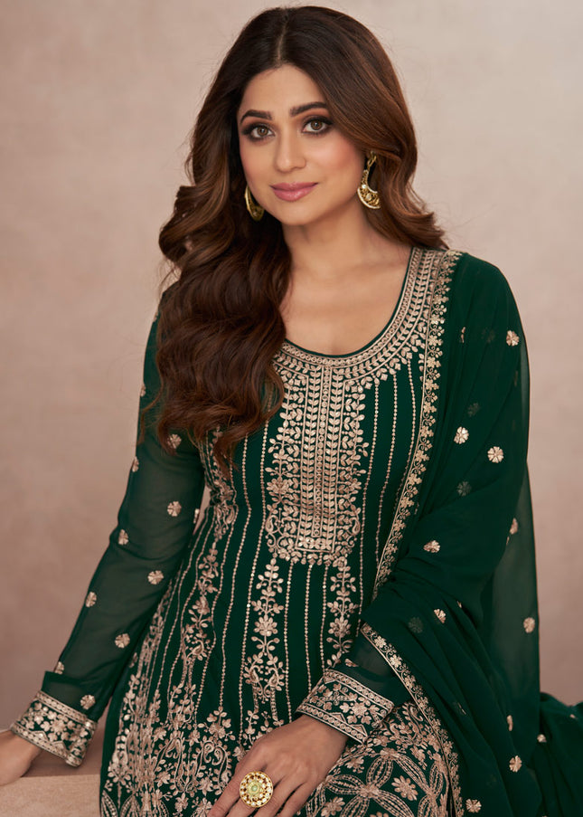 Green and Gold Embroidered Sharara Suit