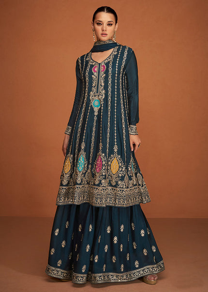 Blue and Gold  Embroidered Sharara Suit