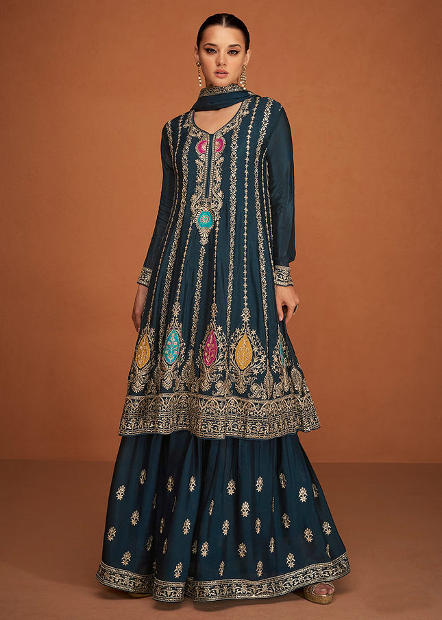 Blue and Gold  Embroidered Sharara Suit