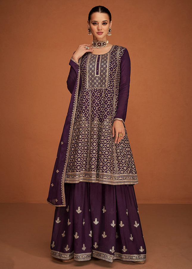 Purple and Gold  Embroidered Sharara Suit