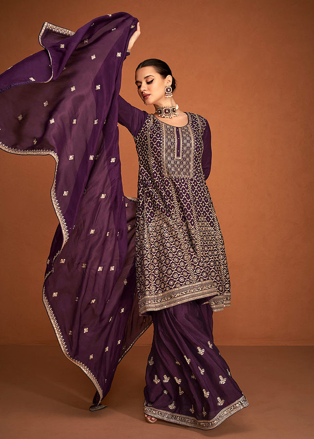 Purple and Gold  Embroidered Sharara Suit