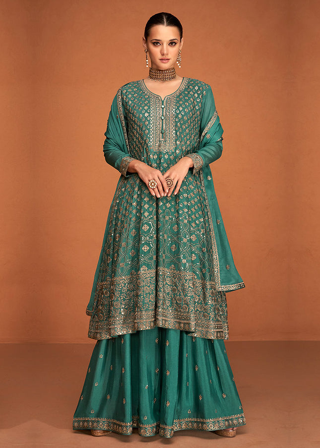 Green and Gold  Embroidered Sharara Suit