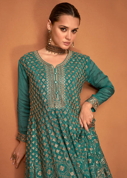 Green and Gold  Embroidered Sharara Suit