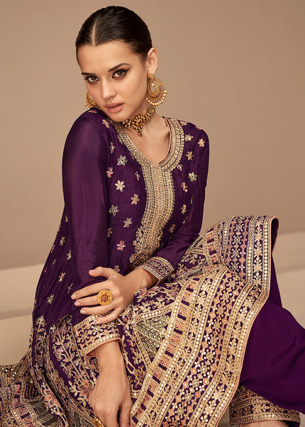 Purple and Gold Embroidered Pant Style Suit