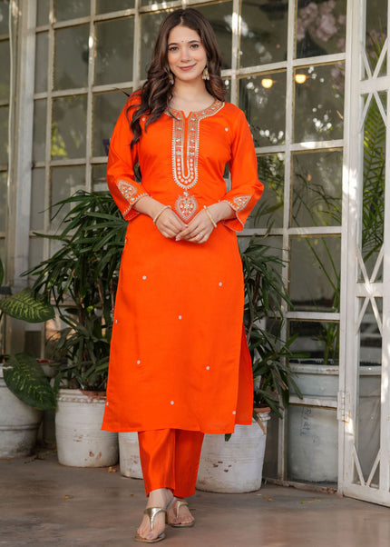 Orange Embroidered Pant Style Suit