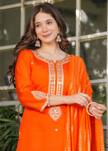 Orange Embroidered Pant Style Suit