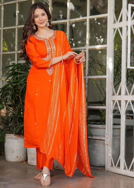 Orange Embroidered Pant Style Suit
