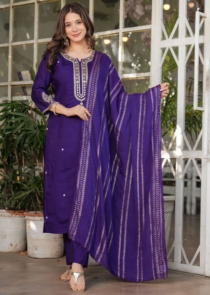 Purple Embroidered Pant Style Suit