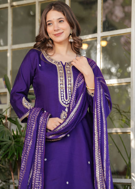 Purple Embroidered Pant Style Suit