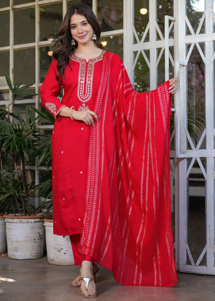Red Embroidered Pant Style Suit