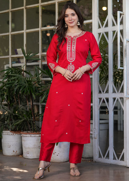 Red Embroidered Pant Style Suit