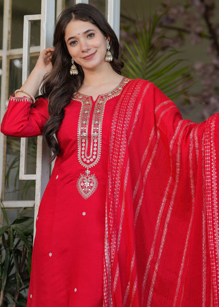 Red Embroidered Pant Style Suit