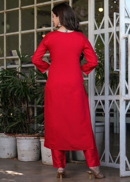 Red Embroidered Pant Style Suit