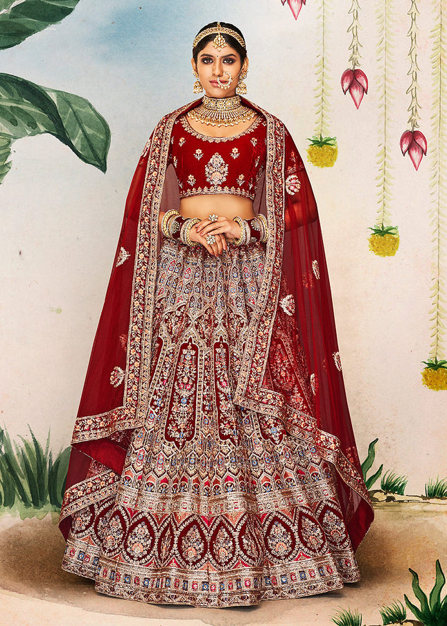 Maroon and Gold Embroidered Vlevet Lehenga